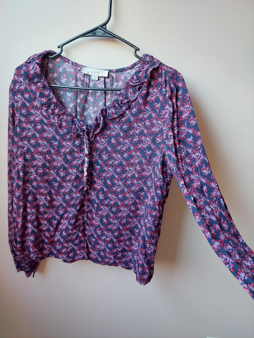 LOFT Navy Floral Ruffle-Trim Long Sleeve Blouse